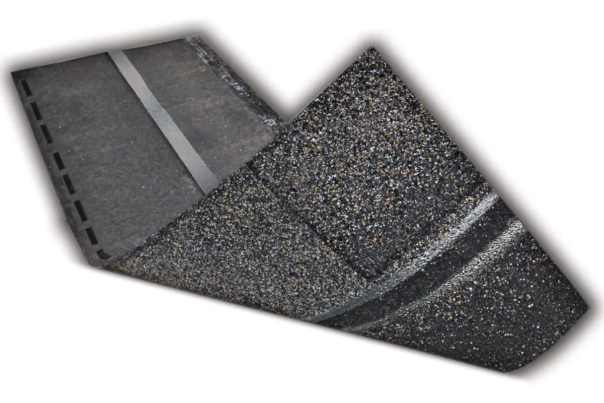 IKO shingle folded to show the ArmourZone nailing strip and the sealant lines on the back