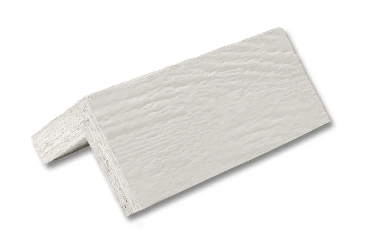 Primed LP SmartSide cedar-texture outside corner, with the cut ends showing the engineered wood strand core