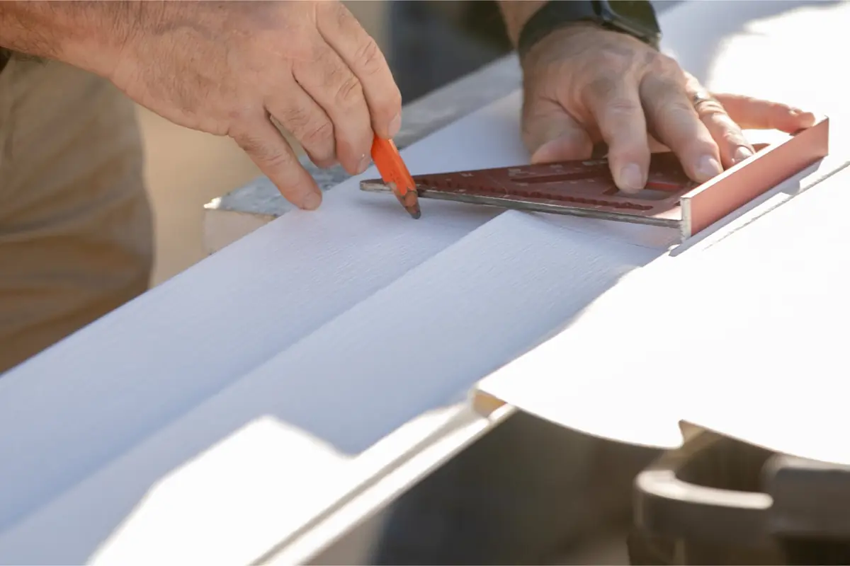 Installer marking a cut line on white Mastic vinyl lap siding with a speed square
