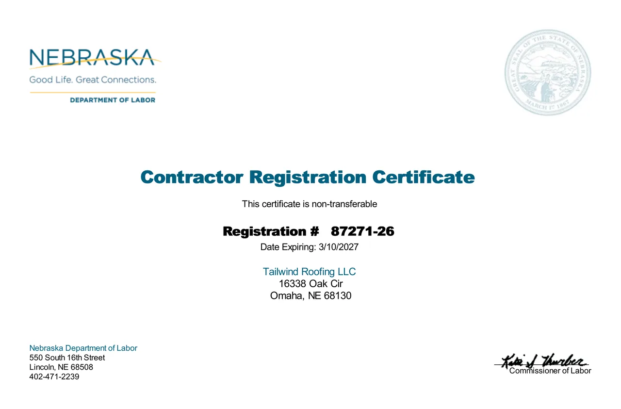 Nebraska Department of Labor contractor registration certificate for Tailwind Roofing LLC, registration number 87271-26