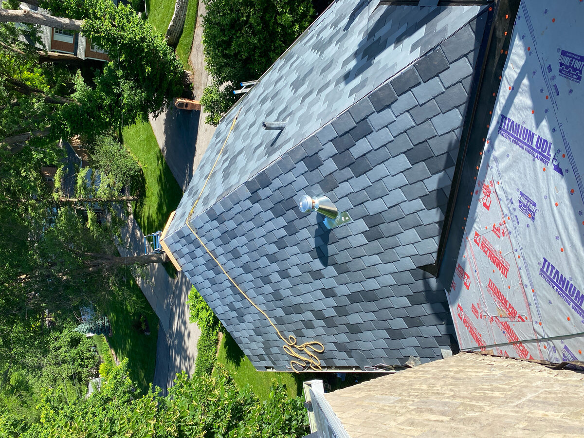 Aerial view of DaVinci synthetic slate installation in progress